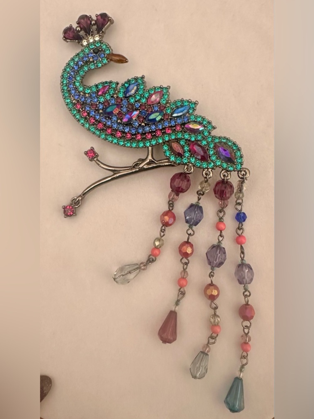 Avon Multicolor Peacock Crystal Dangle Brooch - brand new in original box